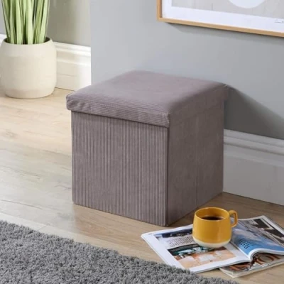 Image of Home Source Folding Ottoman, Corduroy Fabric Storage Square Box, Grey