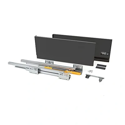 Image of Emuca Kit for Anthracite Grey Drawer, Including 2 Metal Sides, Full Extension Runners with Soft Close, Hardware Assembly a H185x400mm (7,2x15,7 inch)