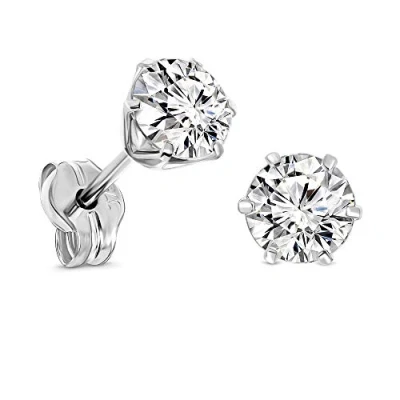 Image of Miore 6 prong stud earrings for women in 9 kt 375 white gold with green emerald/red ruby/blue sappahire/cubic zirconia, 6.5 mm (CLEAR)