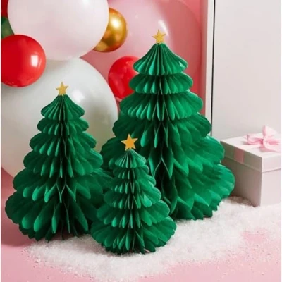 Image of 3 Green Christmas Tree Honeycomb Decorations, Pop Up Paper Modern Festive Table Centrepiece