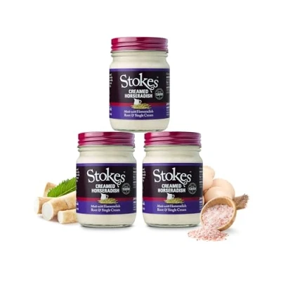 Image of Stokes Creamed Horseradish Sauce 3PK, Deliciously Smooth Sauce, Perfect With Roast Beef, Award Winning &amp; Creamy A Beautifully Balanced Flavour, 250g Glass Jar
