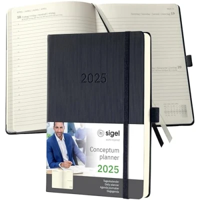 Image of SIGEL C2510 Conceptum Daily Planner 2025, Approx. A5, Black, hardcover, 1 Page = Day, 400 Pages