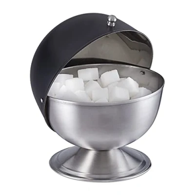 Image of Relaxdays Sugar Bowl, Stainless Steel, Ball with Lid, for Cube &amp; Sweets, H x D: 15.5 14 cm, Black/Silver