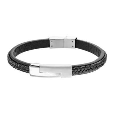 Image of Lotus Style Men&#039;s Steel and Leather Bracelet LS1965