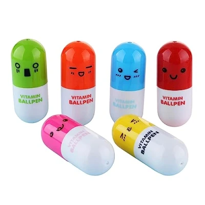 Image of Puco 6 Pieces Pill Shaped Pens Retractable Ball Pens,Vitamin Capsule Pens,Nurses Week Office Supplies (6 Smiling Ballpoint Sha