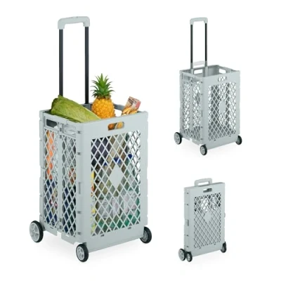 Image of Relaxdays Foldable Shopping Trolley, Collapsible Basket on Wheels, 25 kg Capacity, Telescopic Handle, Mesh, Turquoise, Iron, 99 x 43.5 38 cm