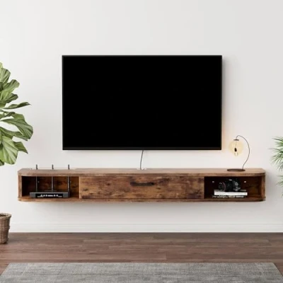 Image of Pmnianhua Floating TV Unit, Wall Mounted Cabinet, Shelves with Door, Modern Entertainment Media Console Center Large Storage Bench for Living Room &amp; Office (180cm, Rustic Brown)