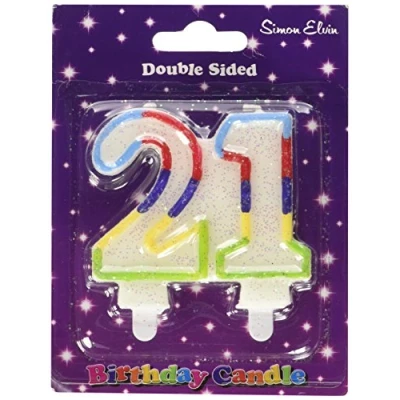 Image of Birthday candle number 21, White joint glittery with a light blue, red, dark blue purple, yellow and green outline of both numbers
