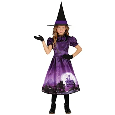 Image of FIESTAS GUIRCA Haunted Purple Witch Fancy Dress for Girls Kids Costume including Hat Halloween Costumes 5 6 years