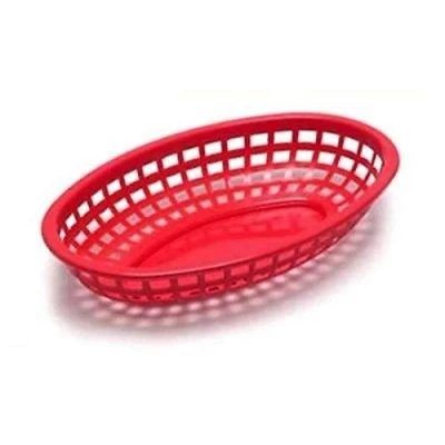 Image of 6X Fast Food Polypropylene Classic Oval Baskets, Red, 24x15x5cm, Burger, Chips, Hotdogs