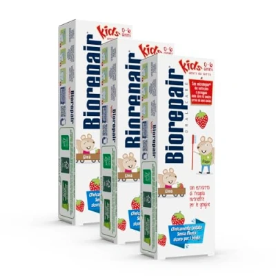 Image of Biorepair ® toothpaste for children, 0 6 years old, children without fluoride, fruit flavor, anticaries, healthy gums, 3 units x 50 ml