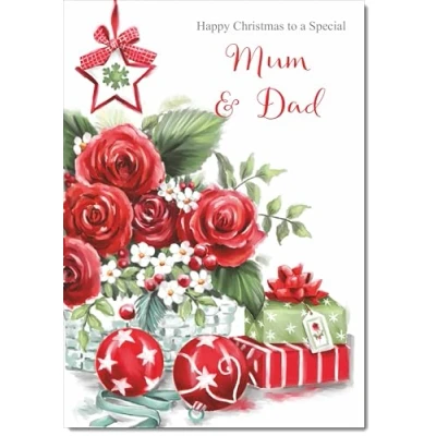 Image of doodlecards Mum and Dad Christmas Card Red Flowers Medium Size for &amp; with Plain Envelope