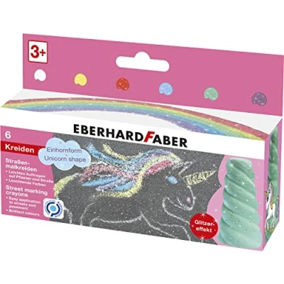 Image of Eberhard Faber 526560 Street Chalks with Glitter Effect, in 6 Bright Colours and Unicorn Shape, for Colourful Painting Fun on Asphalt Pathways