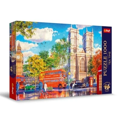 Image of Trefl View Of London 1000 Piece Jigsaw Puzzles for Adults &amp; Children Aged 12+ Tea Time Big Ben Red Bus Westminster Abbey Puzzle