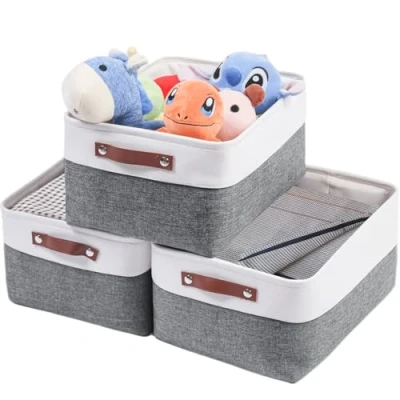 Image of Mangata Woven Fabric Storage Boxes Set of 3, Canvas Organizer for Clothes, Toys, Shelves, Cold Grey&amp;White (Medium, 3Pack)