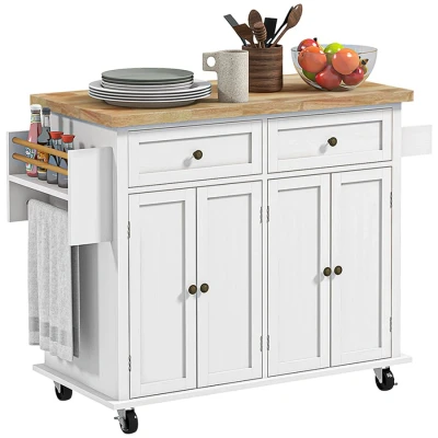 Image of HOMCOM Rolling Kitchen Island Storage Trolley with Rubber Wood Top &amp; Drawers for Dining Room, White
