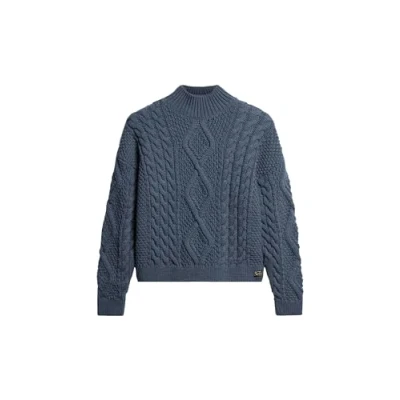 Image of Superdry Women&#039;s Aran Cable Knit Polo Jumper Sweater, Vintage Denim Blue, UK 8