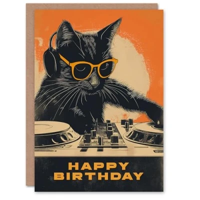 Image of Artery8 Birthday Card DJ Decks Black Cat Lover Sunglasses For Him Man Male Dad Brother Son Papa Grandad Greeting