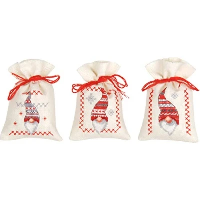Image of Vervaco Counted Cross Stitch: Pot Pourri Bag: Christmas Elves (Set of 3), COTTON, NA, 8 x 12cm