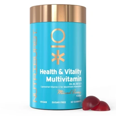 Image of Nutriburst Multivitamins Health &amp; Vitality Gummy Liposomal C B5 B6 B12, D Plant Based, Sugar Free Supplement 60 Gummies 1 Month Supply Healthy Nutrition Suitable for Vegetarians and Vegans