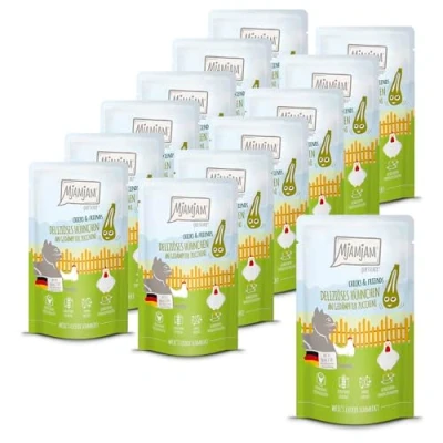 Image of MjAMjAM Premium wet food for cats Quetschie Chicks &amp; Friends delicious chicken with steamed courgette, 12 pack (12 x 125g), grain free