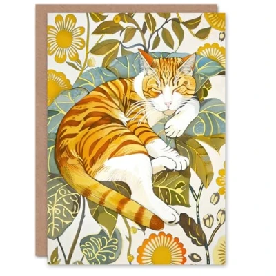 Image of Artery8 Greeting Card Sleeping Orange Tabby Cat Lover Bright Floral Blank For Him Or Her Art Birthday