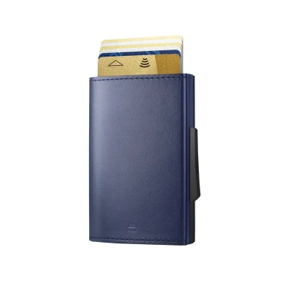 Image of Automatic Leather Wallet Cascade Slim Compact Aluminum RFID Blocking Card Holder Up to 8 Cards and banknotes (Navy Blue)