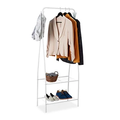 Image of Relaxdays Coat Rack Metal, 2 Shelves &amp; 4 Hooks, Clothes Rail, Hallway Dressing Room, Cloak Stand, 158x60x33 cm, White, iron