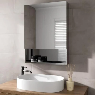 Image of Artis® 600 x 800mm Bathroom Mirror Cabinet Storage Wall Mounted Cupboard Ready Assembled Unit Double Mirrored Door with Shelf, Stainless Steel