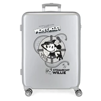 Image of Disney Mickey and Minnie Travel Cabin Suitcase, White, 38 x 55 20 cm, Rigid ABS Side Combination Lock, 34L, 2 kg, 4 Double Wheels, Hand Luggage. Joumma Bags, steamboard, Standard Size, Medium
