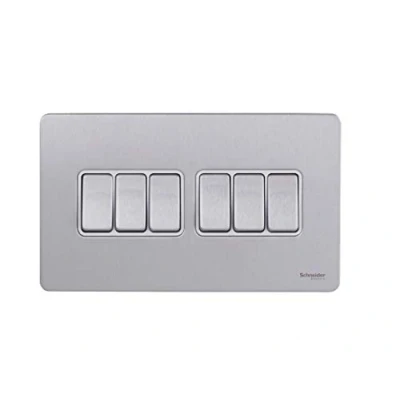 Image of Schneider Electric Ultimate Screwless Flat Plate 6 Gang Rocker 2 Way Light Switch, Single Pole, 16AX, GU1462WSS, Stainless Steel with White Insert