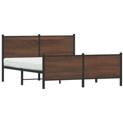 Image of vidaXL King Size Metal Bed Frame with Headboard &amp; Footboard, Brown Oak Finish Steel Slats, Extra Storage Space, Bedroom Furniture