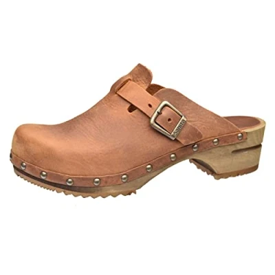 Image of Sanita Kristel Mule Clog Original Handmade Wooden Leather for Women Sustainable Sole Brown 4 UK