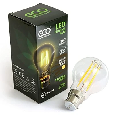 Image of ECO 75W Energy Saving Light Bulb, Low 10W LED Filaments, Bright 1100 Lumen, Clear Glass, Warm White (2700K), B22 Standard UK 2 pin Bayonet, 25000Hrs Lifetime. (1xPACK)