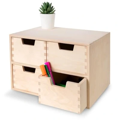 Image of Creative Deco Mini Wooden Chest of Drawers 28.5x20x19cm 4 Compartments Desk Organiser for Paper Work Documents Plain Stationary Office Accessories Large Storage Box with Drawer