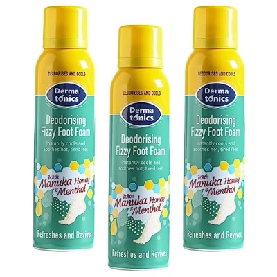 Image of Dermatonics Deodorising Fizzy Foot Foam Refreshing Formula with Menthol and Manuka Honey for Long lasting Comfort Instantly Cools Soothes Hot Tired Feet Pack of 3 x 150 ml
