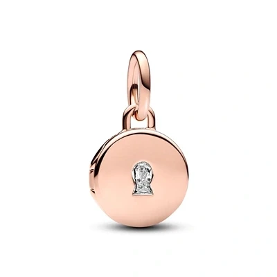 Image of Pandora Moments Key hole engravable locket 14k rose gold plated dangle with clear cubic zirconia