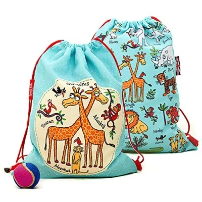 Image of Tyrrell Katz Kids Jungle Printed Activity Bag in Blue Unisex Sports Drawstring Backpack with Water Resistant Lining and Name Tag 32 x 42 cm
