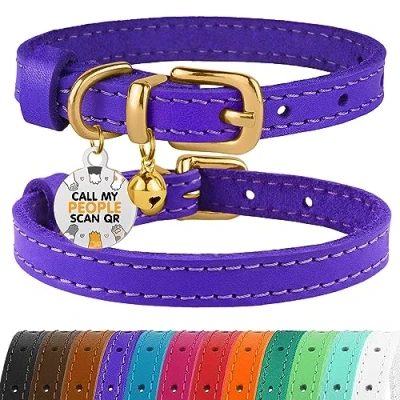 Image of BRONZEDOG Leather Cat Collar with Bells Non Breakaway Kitten QR Tag for Girl Boy (23 28 cm, Purple &amp; Gold)