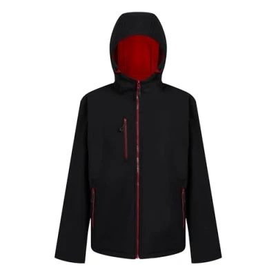 Image of Regatta Professional Men&#039;s Water Repellent Navigate 2 Layer Hooded Softshell Jacket Black Orange Pop