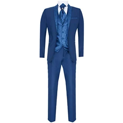 Image of Mens 4 Piece Wedding Suit Groom Vintage Shawl Collar Blue Cravat Tailored Fit 48/42W
