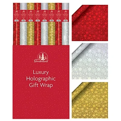 Image of 3pk Holograpic Metallic Foil Effect Wrapping Paper 3 x 2 Meter Roll, in Silver, Red, Gold Ideal for any special occasion, Wedding or Birthday Present, Festive Decoration etc