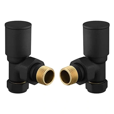 Image of UKDD® Round Black Radiators &amp; Towel Rails Valve Suitable for Installation of Your Heated Rail or Radiator onto Central Heating System Valves (Towel Angled (Pair))