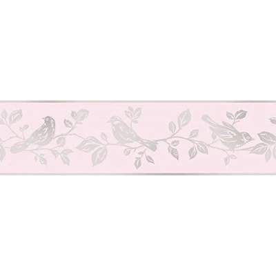 Image of Fine Decor discontinued Glitz Glitter Leaf And Birds Pink Silver Sparkle Border
