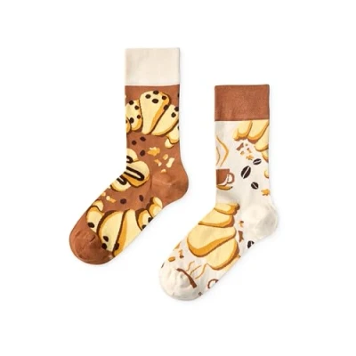 Image of Dedoles Unisex Socks for Women, Men &amp; Kids Cotton Funny Designs Football Bicycle Horses Plants Firefighter Gift Mismatched, Design: Croissant and Coffee, Colour: Beige, Size: 5 7.5 W / 6 8 M UK