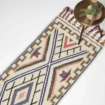 Image of HOMESCAPES Multi Colour Handwoven Kilim Rug Carpet Runner for Hallway 66 x 200 cm Traditional Geometric Tribal Pattern &#039;Goa&#039; Wool &amp; Cotton with Tassels