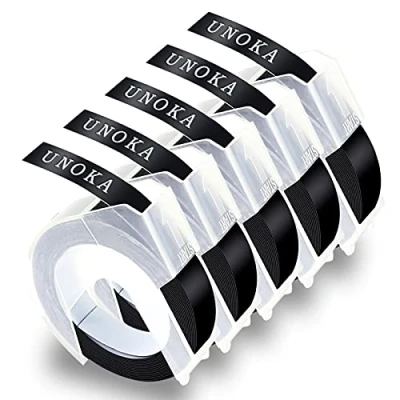 Image of UNOKA Black Embossing Tape S0898130 Replace for DYMO Omega Label 9mm 3D Vinyl Self Adhesive Labels Compatible with Junior Maker, 5 Roll