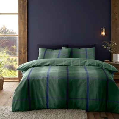 Image of Catherine Lansfield Brushed Melrose Tweed Cotton Reversible King Duvet Cover Set with Pillowcases Green
