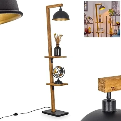Image of Floor lamp Baval, Modern Light Made of Metal/Wood in Black/Nature/Gold, w. Adjustable lampshade, Foot Switch on Cable and Shelf, Height 164 cm, 1 x E27, Without Bulb