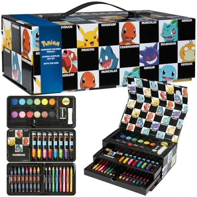Image of Pokemon Art Supplies Set with Colouring Pencils Felt Tip Pens Watercolour Paints Wax Crayons for Drawing Painting Pikachu Travel Anime Gifts (Black)